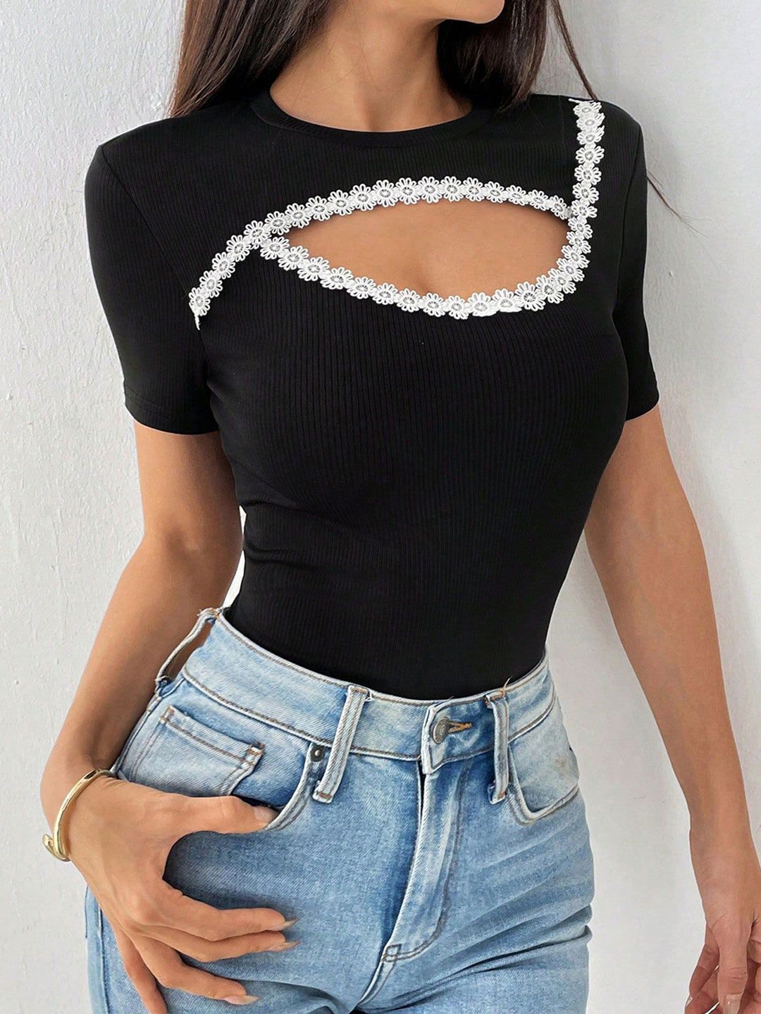 DressBerry Ribbed Cut Out Fitted Top