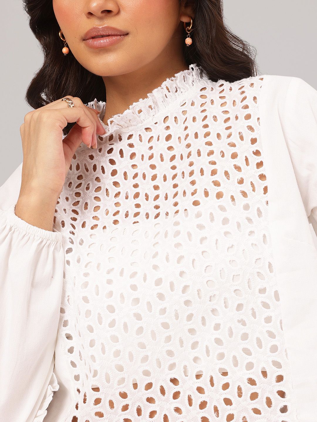 DressBerry Mixed Medley Schifffli Pure Cotton Ruffled Detail Top