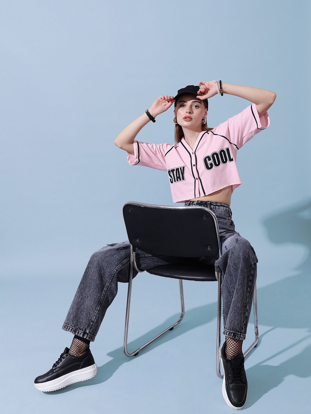 STREET 9 Women Typography Printed V-Neck Cotton Top