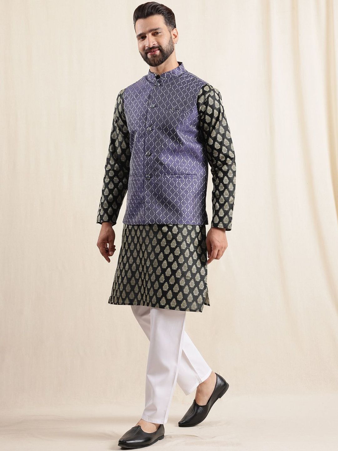 Anouk Geometric Printed Band Collar Straight Kurta With Pyjama And Nehru jacket