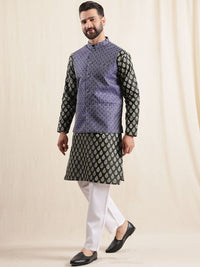 Anouk Geometric Printed Band Collar Straight Kurta With Pyjama And Nehru jacket