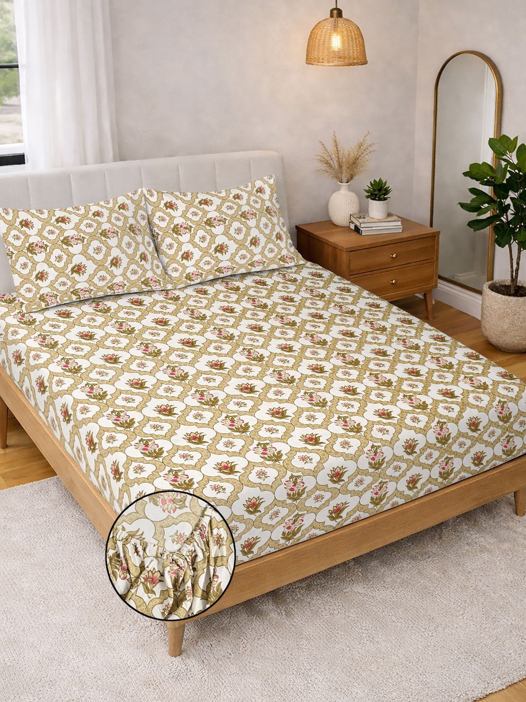 Myntra Elegant Homes Yellow Floral 300 TC King Cadar dengan 2 Sarung Bantal