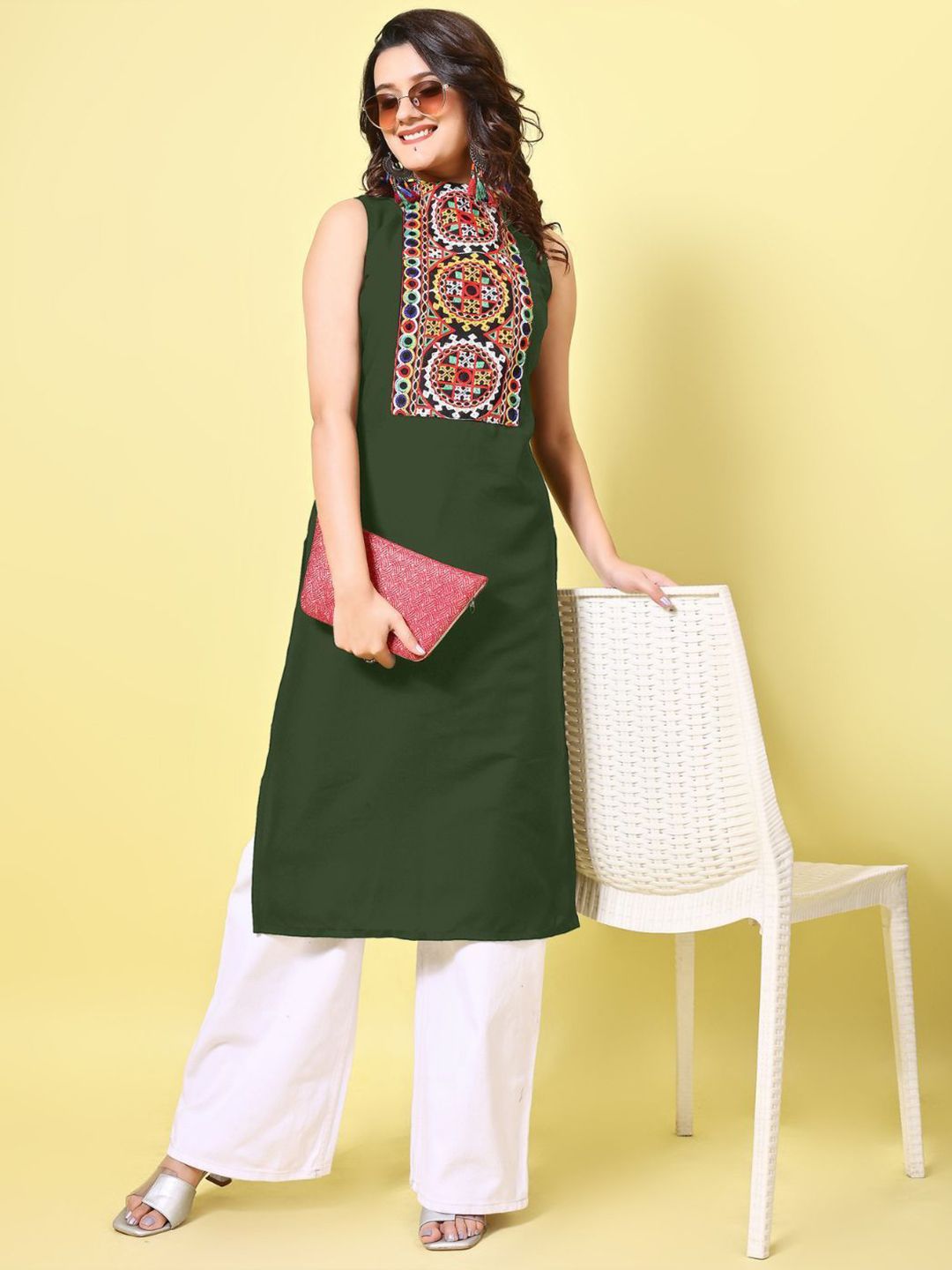 KALINI Women Cotton Blend Embroidered High Neck Straight Kurta