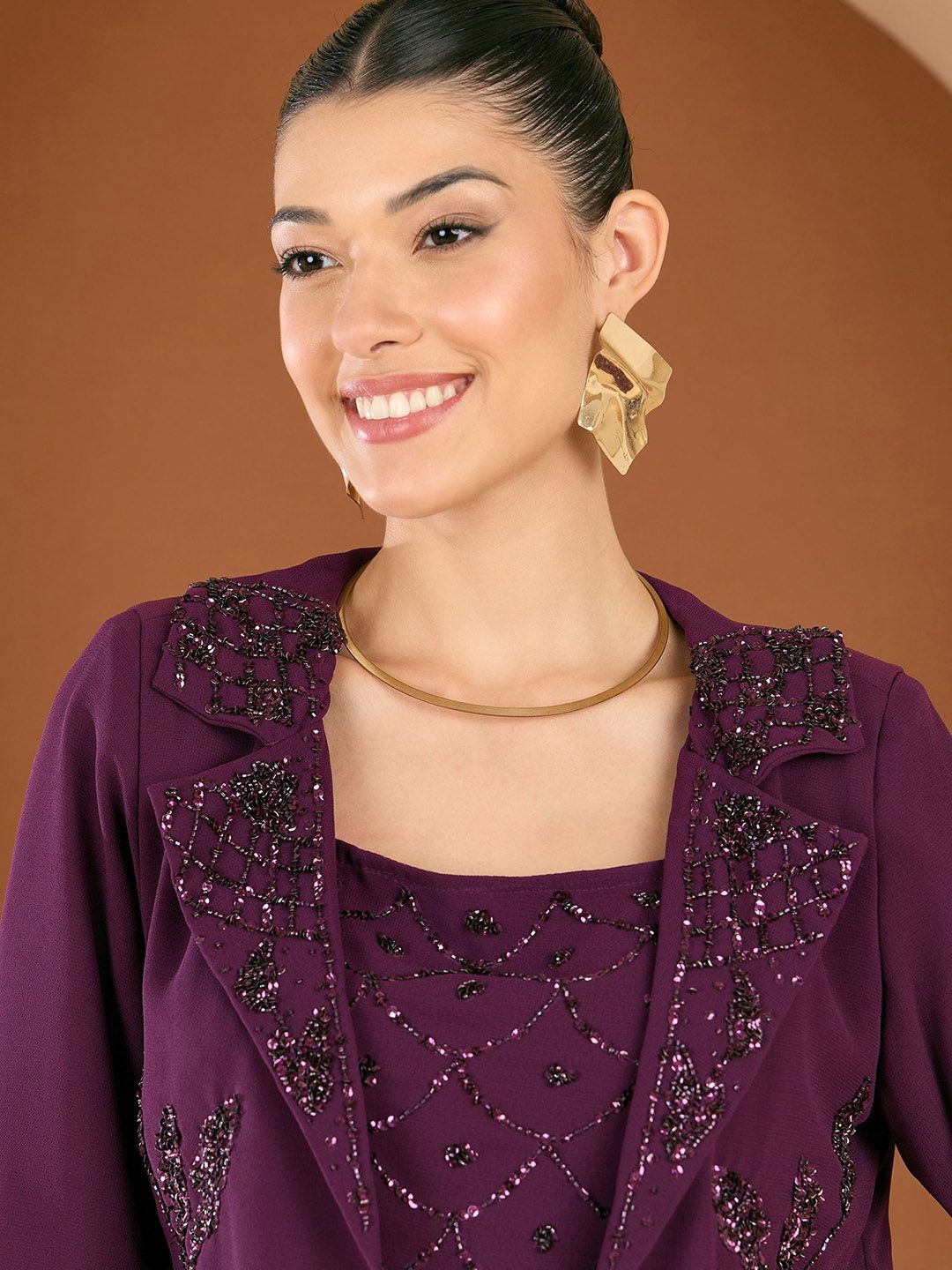Antheaa Embellished Square Neck Top And Jacket With Skirt And Jacket