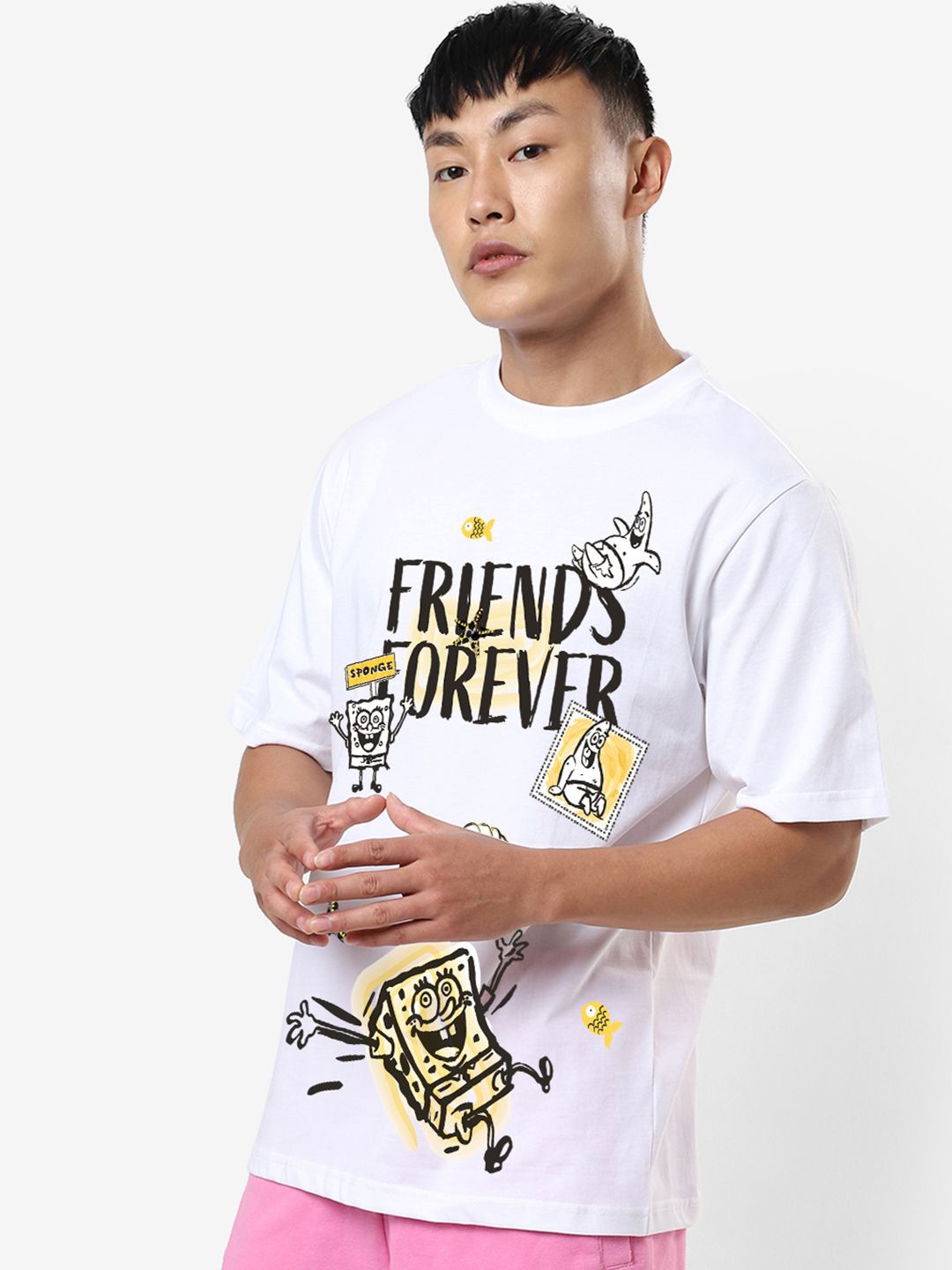 Bewakoof Men Graphic Printed Round Neck Pure Cotton Oversized Spongebob T-shirt