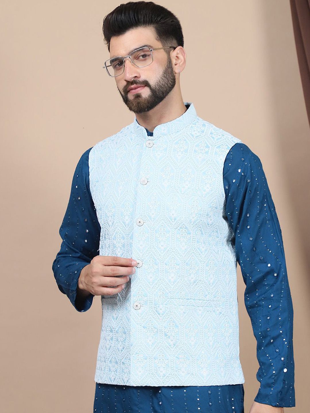 Kurta Kapas Tulen Bersulam Bunga Anouk Berlabuci Biasa Dengan Jaket Churidar Nehru