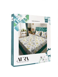 Aura White & Yellow Floral Printed 300 TC Fitted King Bedsheet Set 2.5 x 2.25 m