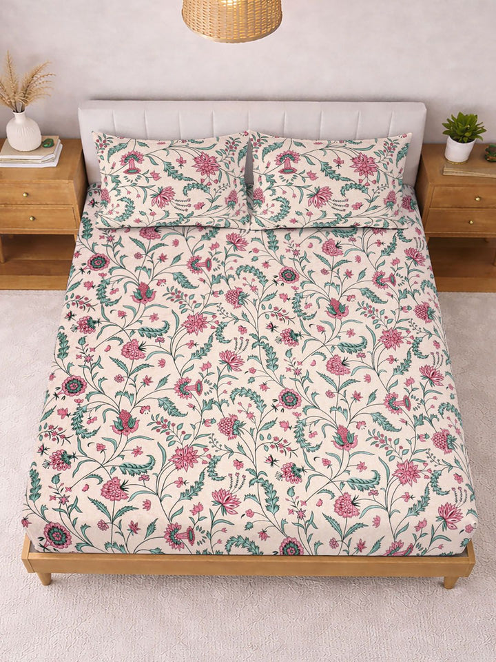 KLOTTHE Beige & Pink Printed 300 TC Double Bedsheet With 2 Pillow Covers- 2.5 m x 2.25 m