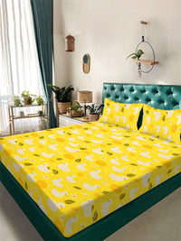 KLOTTHE Yellow & White Printed Flat 300 TC Double King Bedsheet With 2 Pillow Cover