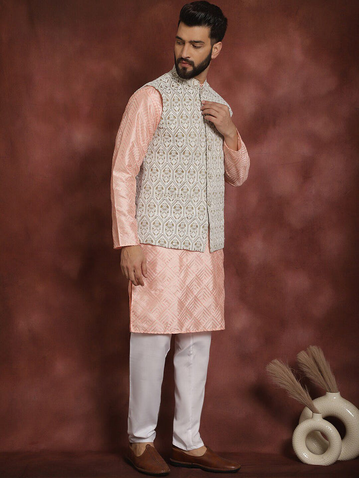 Anouk Embroidered Regular Thread Work Kurta With Churidar & Nehru Jacket