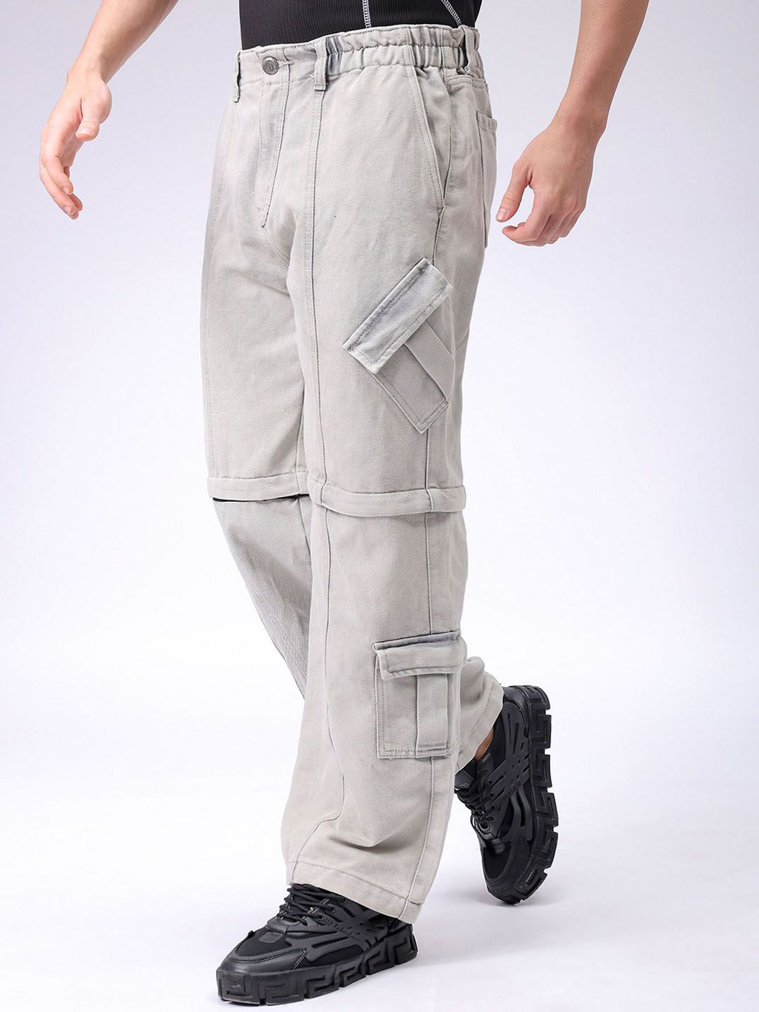 Garage Co India Mid Rise Rise Clean kelihatan lebar kaki santai seluar jeans kargo sesuai