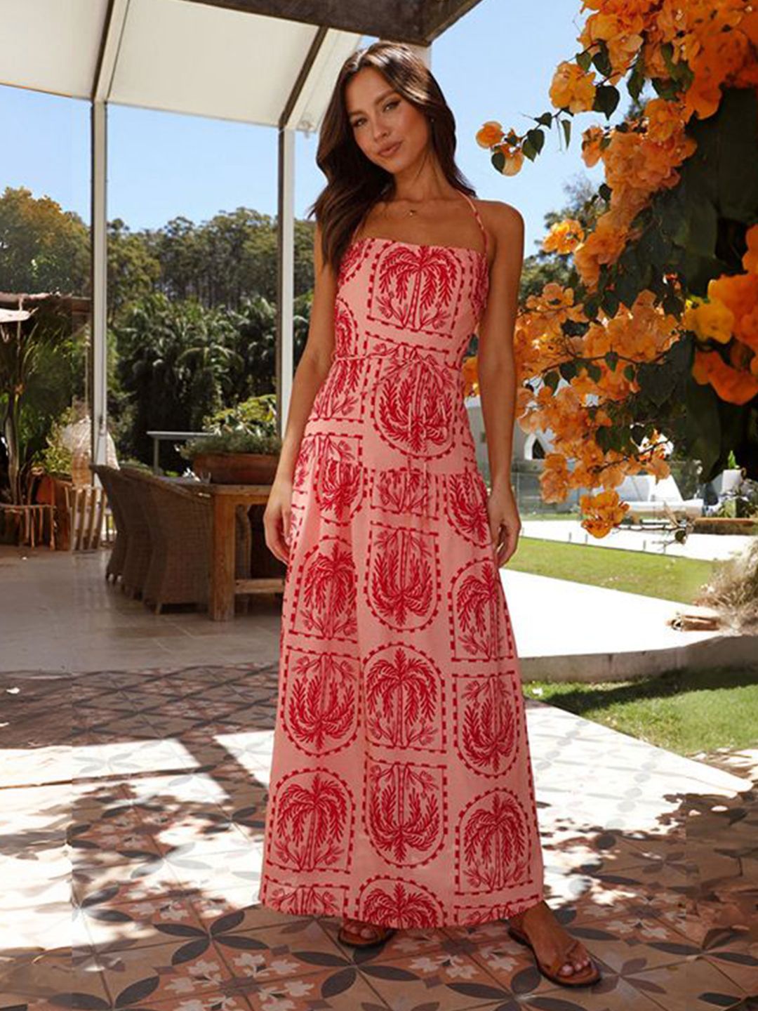 all about you Women Tropical Print Halter Neck Maxi Dress