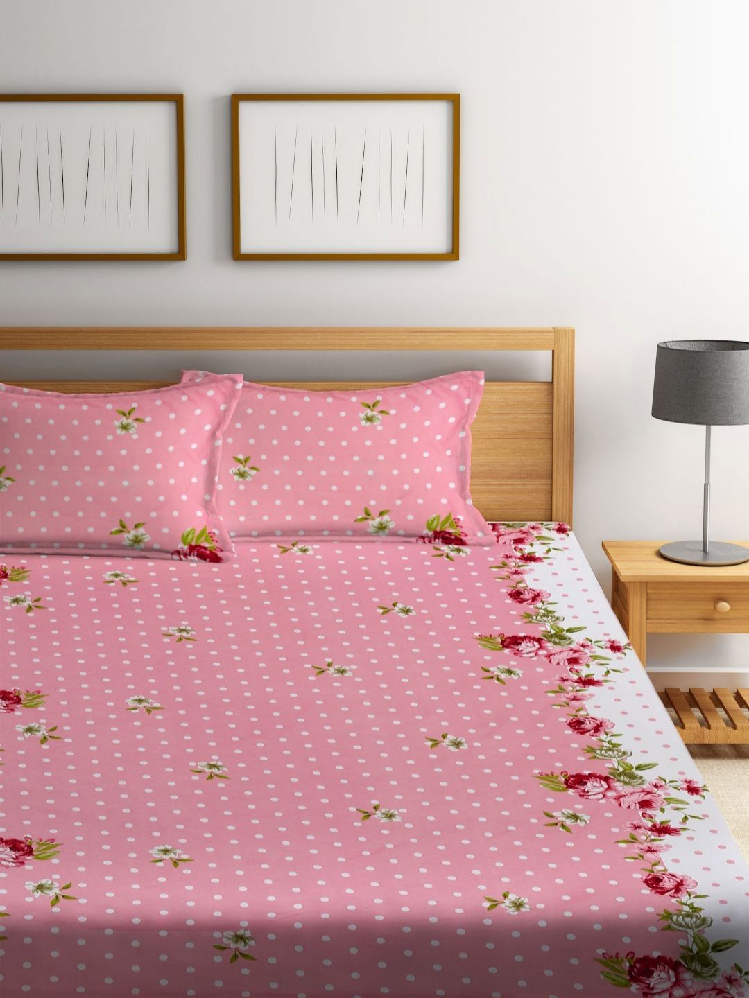 Myntra Elegant Homes Bercetak Merah Jambu & Putih Set Cadar King 300 TC 2.45 m x 2.25 m