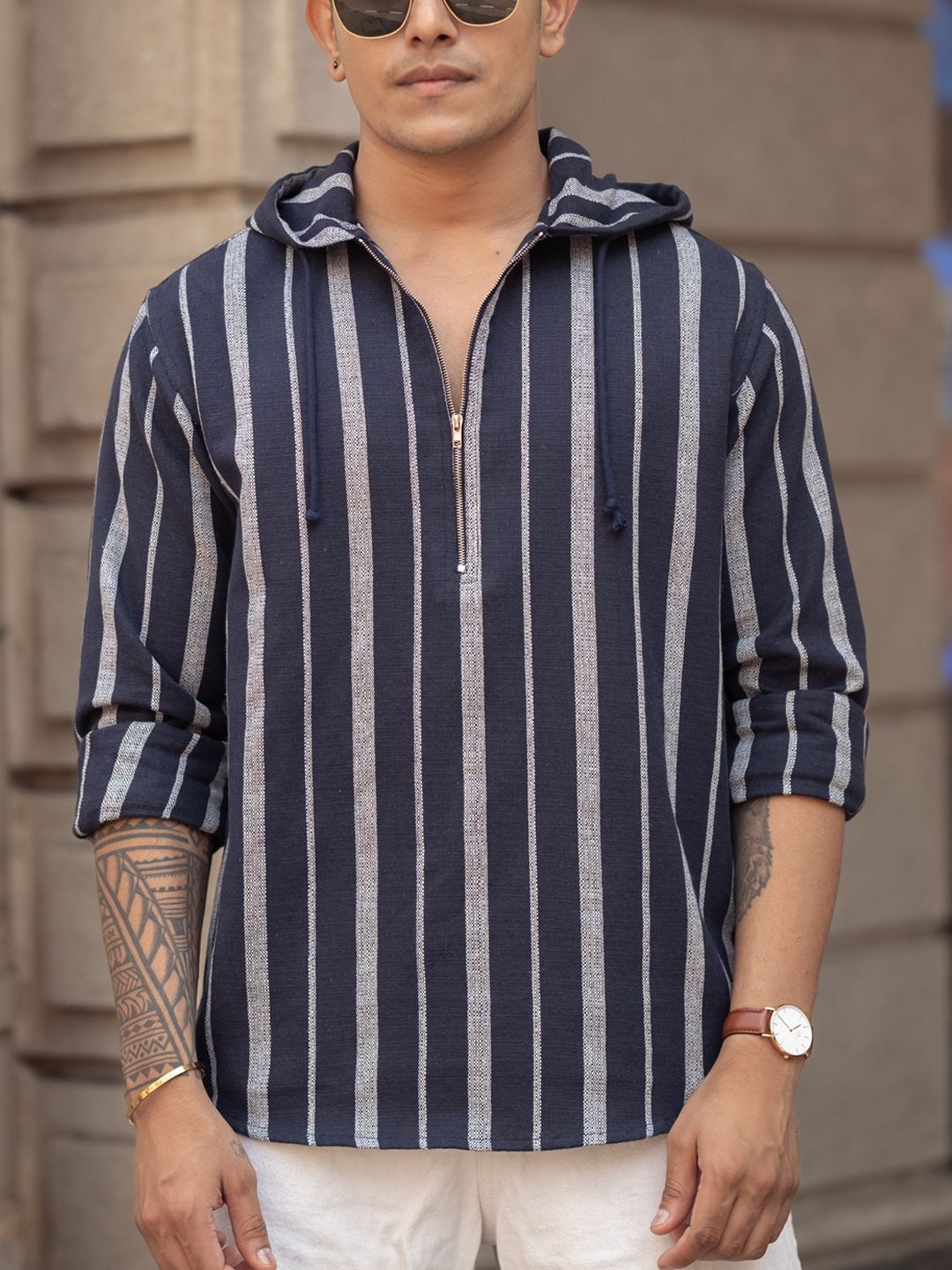 Powerlook Men Vertical Striped Hooded Casual Shirt