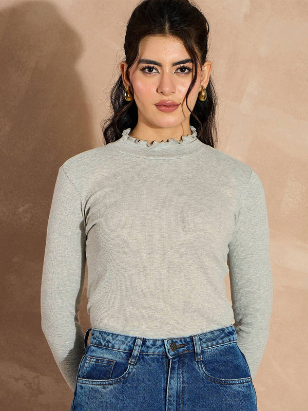 SASSAFRAS Women Grey Long Sleeves High Neck Top