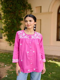 House of Chikankari Women Pink Cotton Chikankari Embroidered Top