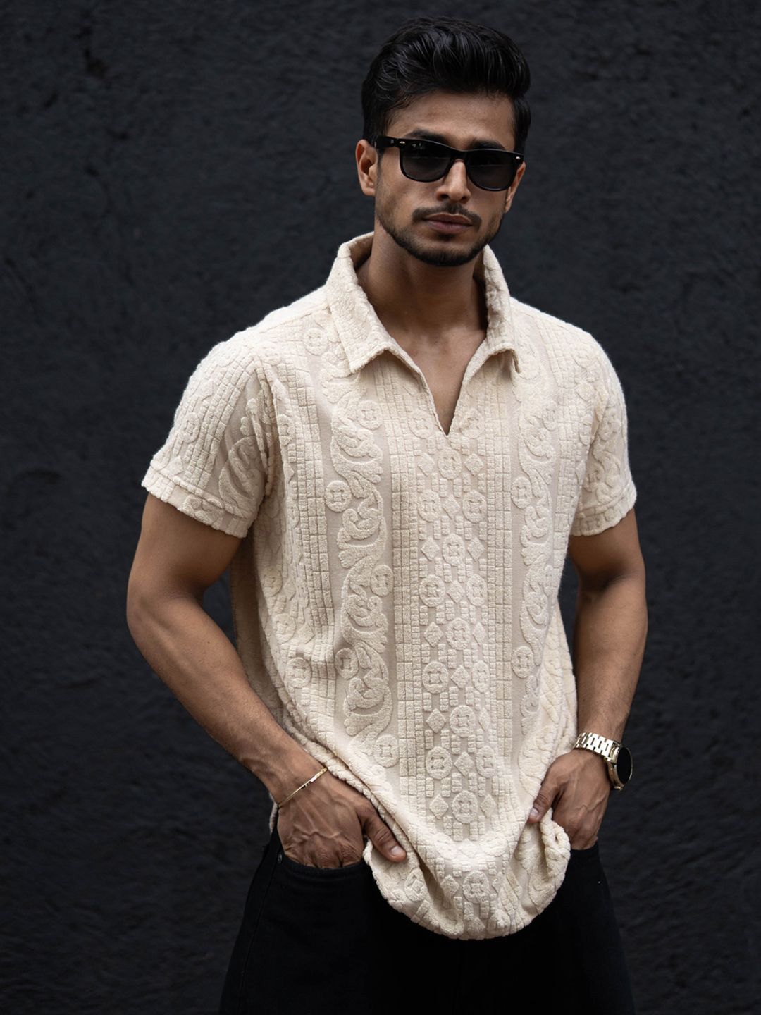 Powerlook Men Self Design Polo Collar T-shirt