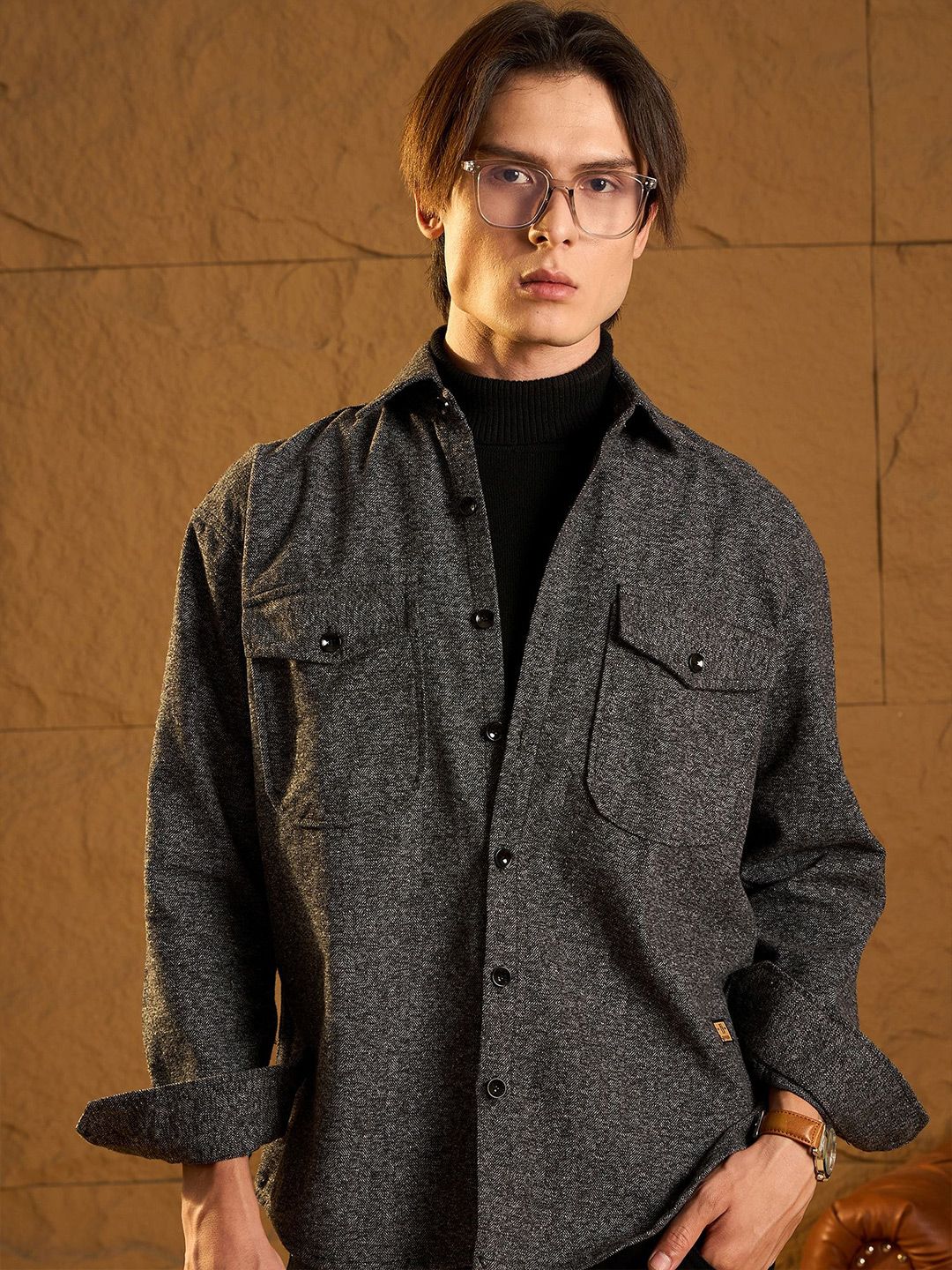 DENNISON Men Double Flap Pocket Drop Shoulder Oversized Cotton Shacket