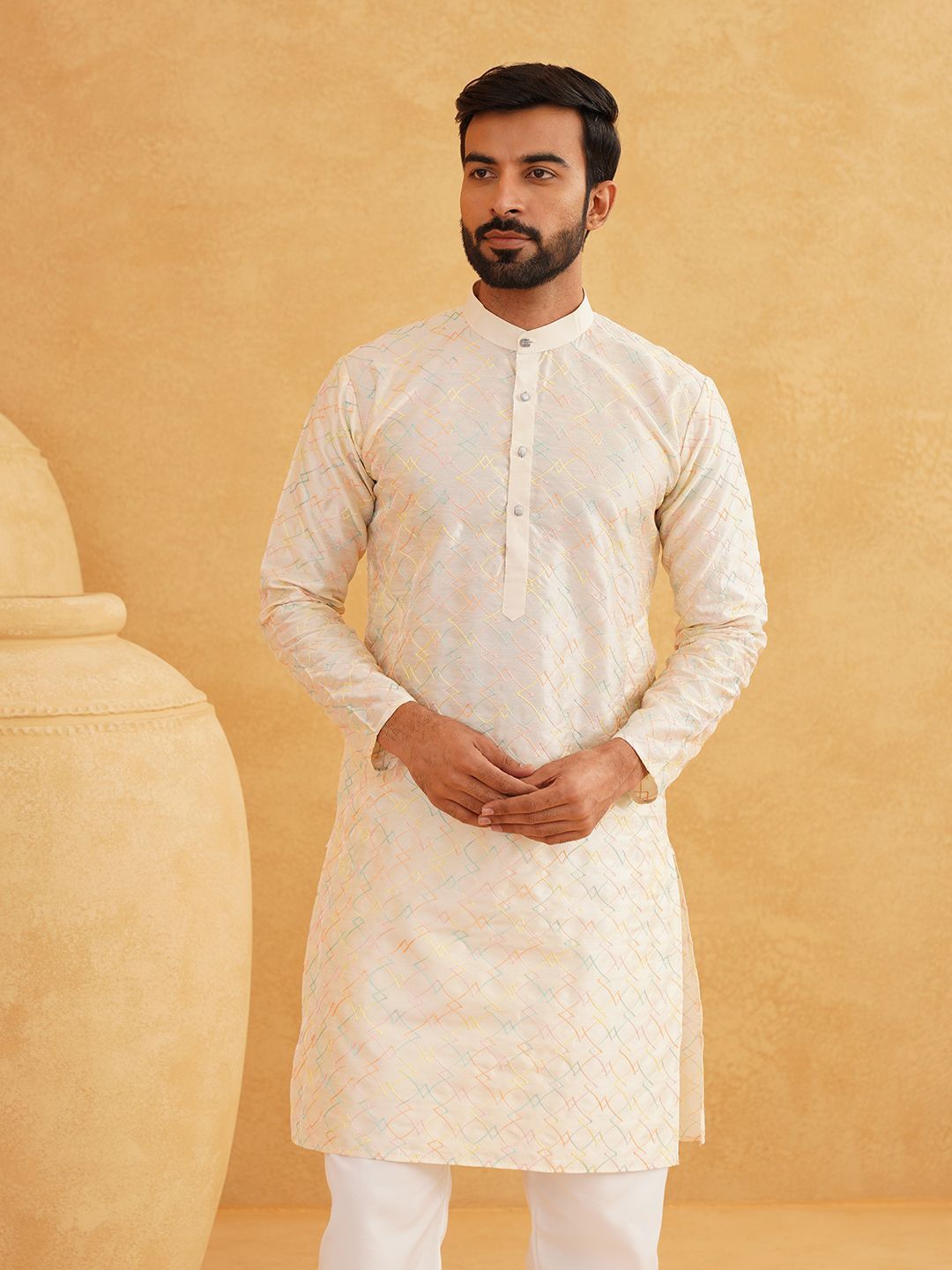 SOJANYA Geometrik Sulam Band Kolar Kapas Tulen Lurus Panjang Kurta