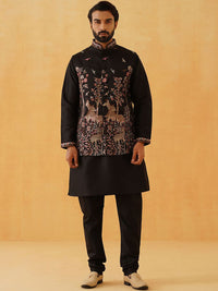 SOJANYA LUXE Thread Work Silk Cotton Straight Kurta dengan Piyama & Jaket Nehru