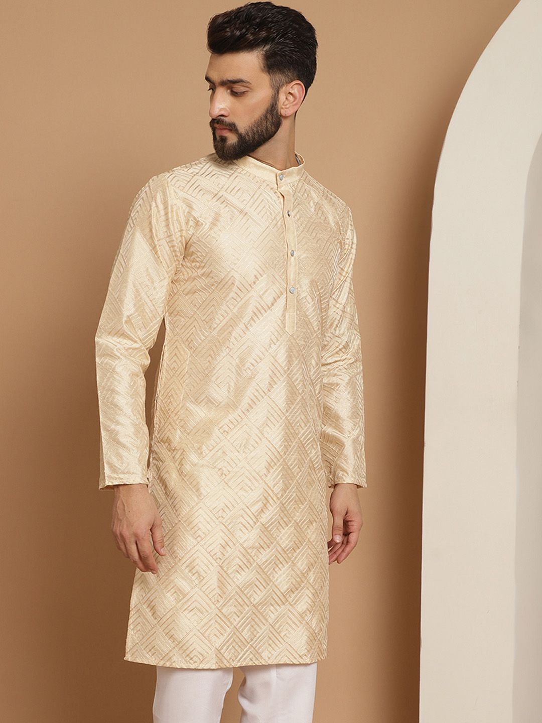 Anouk Men Beige Thread Work Kurta