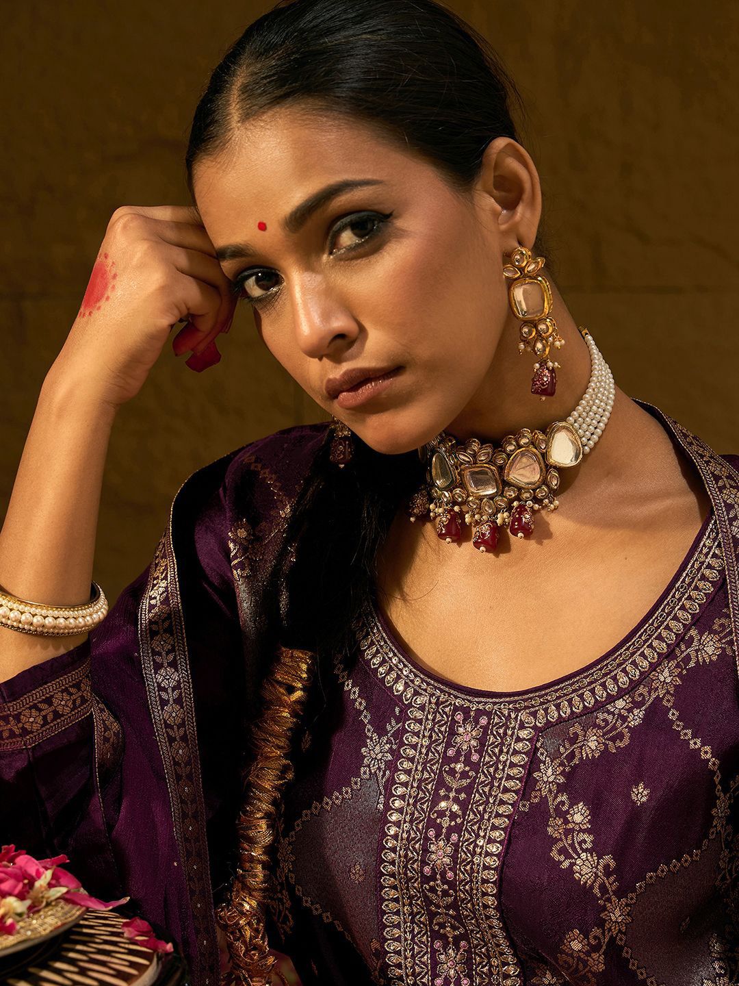 Indo Era Geometric Embroidered Zari Jacquard Straight Kurta With Trousers & Dupatta