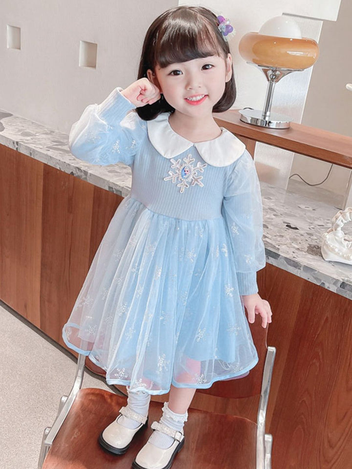 YK Girls Frozen Self Design Peter Pan Collar Fit & Flare Dress