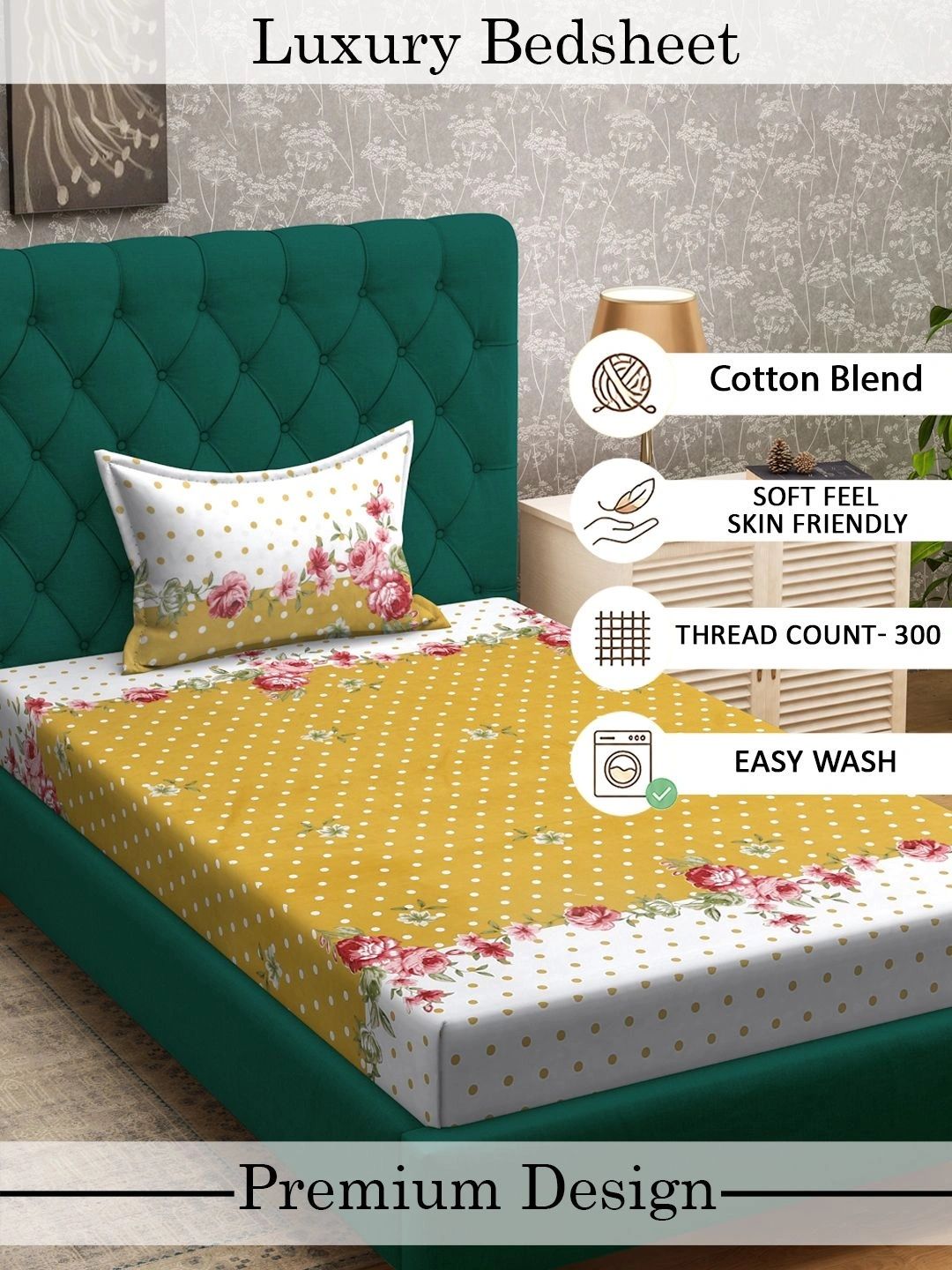 Myntra Elegant Homes Yellow & White Floral 300 TC Cadar Tempat Tidur Single dengan 1 Sarung Bantal