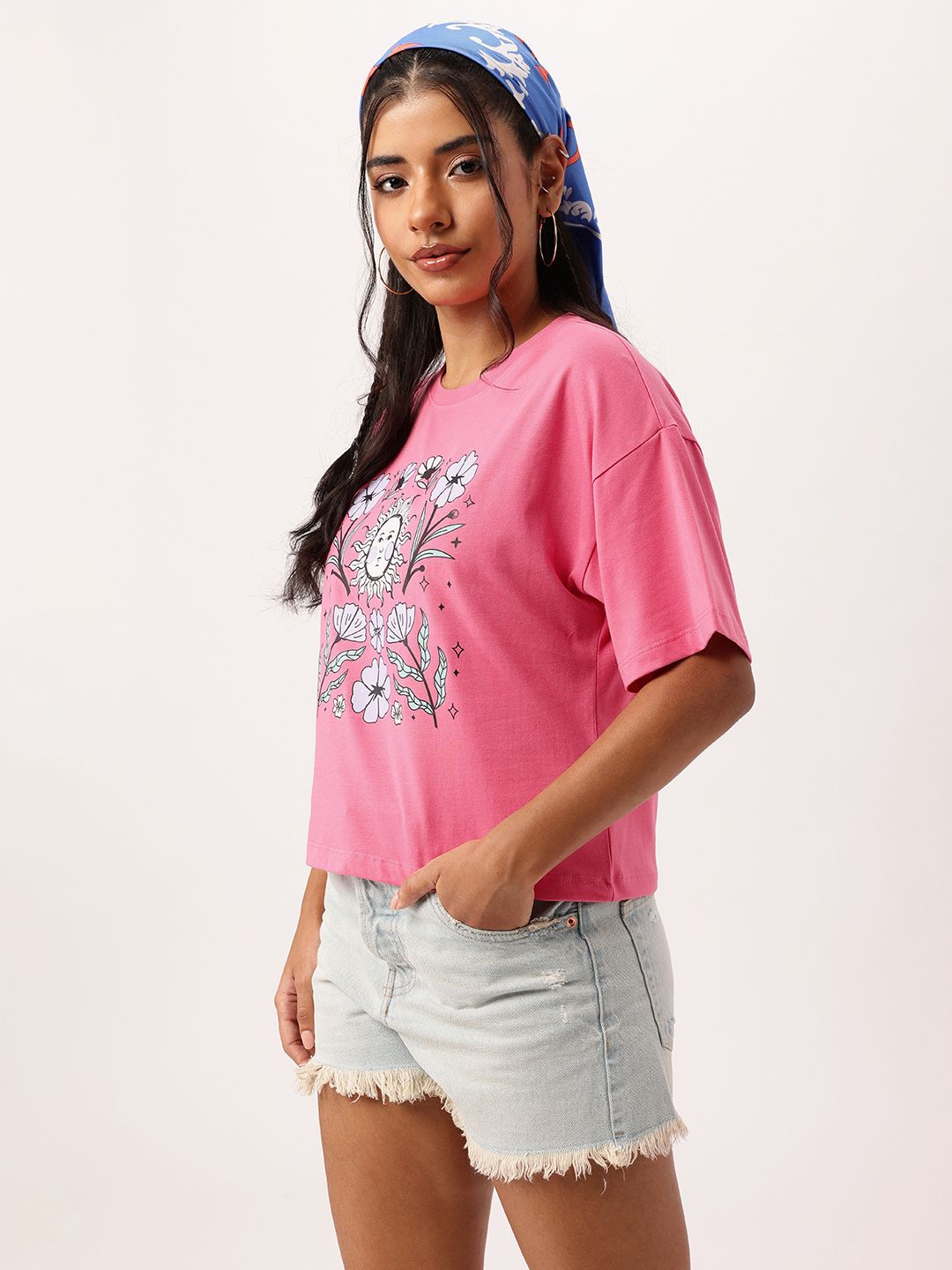 DressBerry Sunshine Smiles Elegantly Feminine Printed Boxy Crop T-shirt