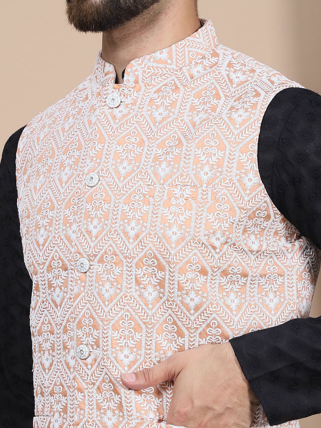 Anouk Black Floral Embroidered Straight Thread Work Pure Cotton Kurta with Churidar