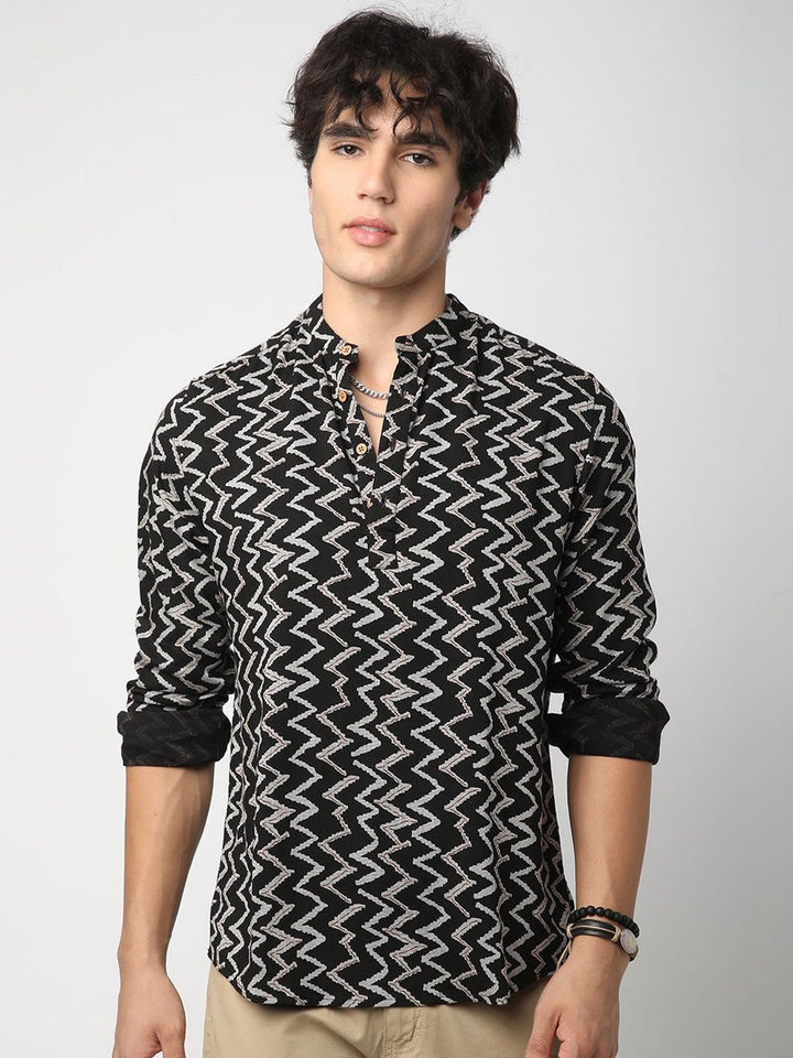 VASTRADO Chevron Ikat Printed Mandarin Collar Straight Short Kurta
