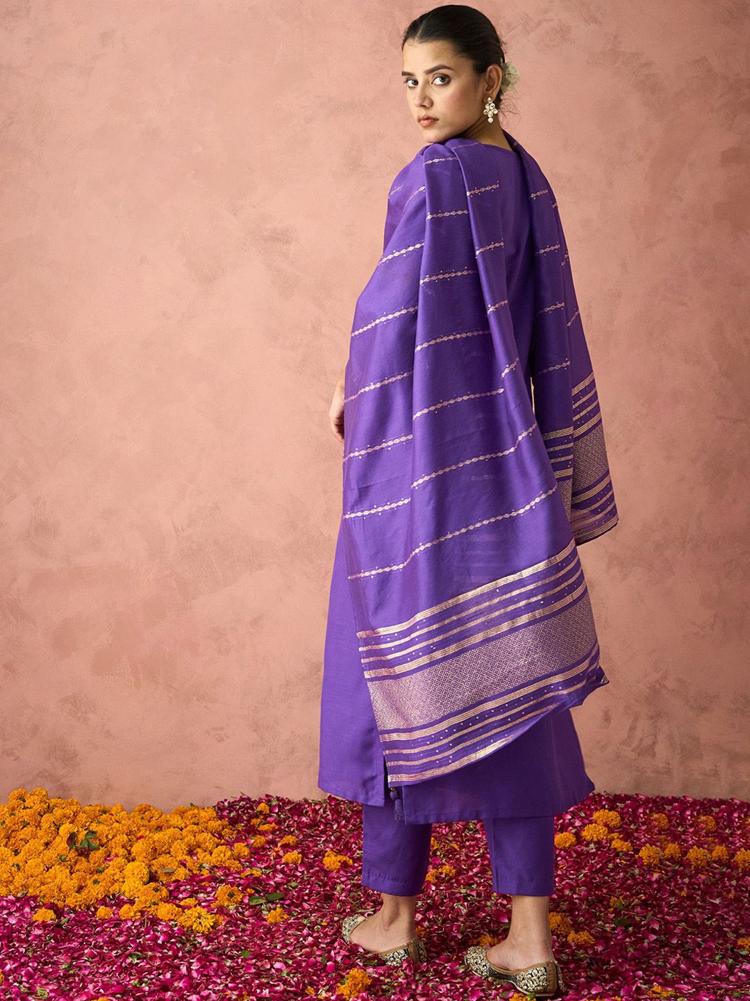 KALINI Ethnic Motifs Embroidered Straight Kurta With Trousers & Dupatta