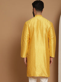 Anouk Mustard Yellow Ethnic Motifs Jacquard Silk Woven Design Band Collar Straight Kurta