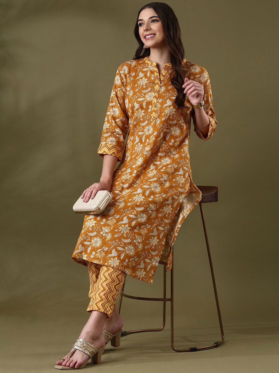 Anouk Mustard Yellow Floral Printed Mandarin Collar PureCotton Straight Kurta With Trouser