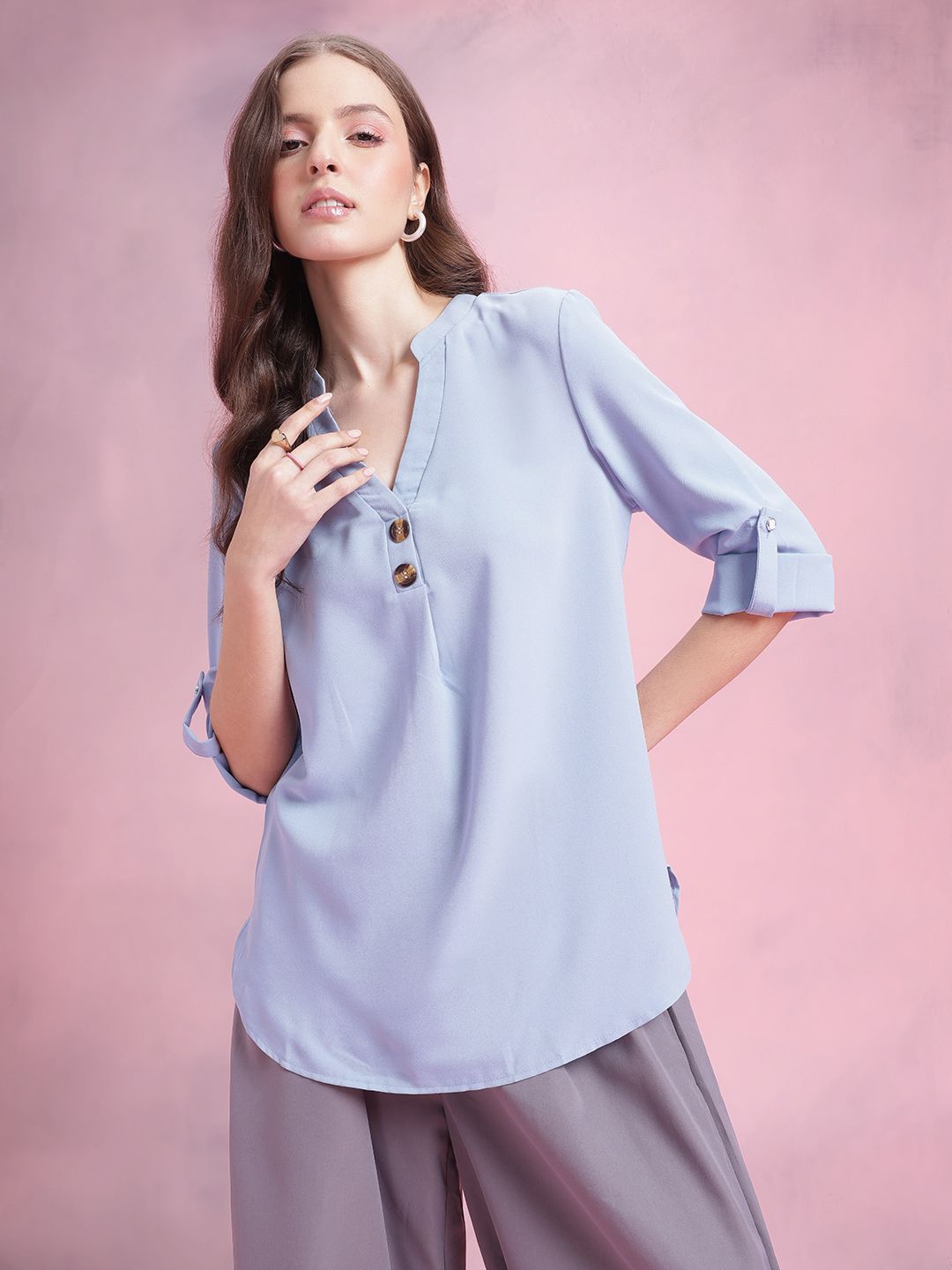 DressBerry Mandarin Collar Roll-Up Sleeves Longline Top