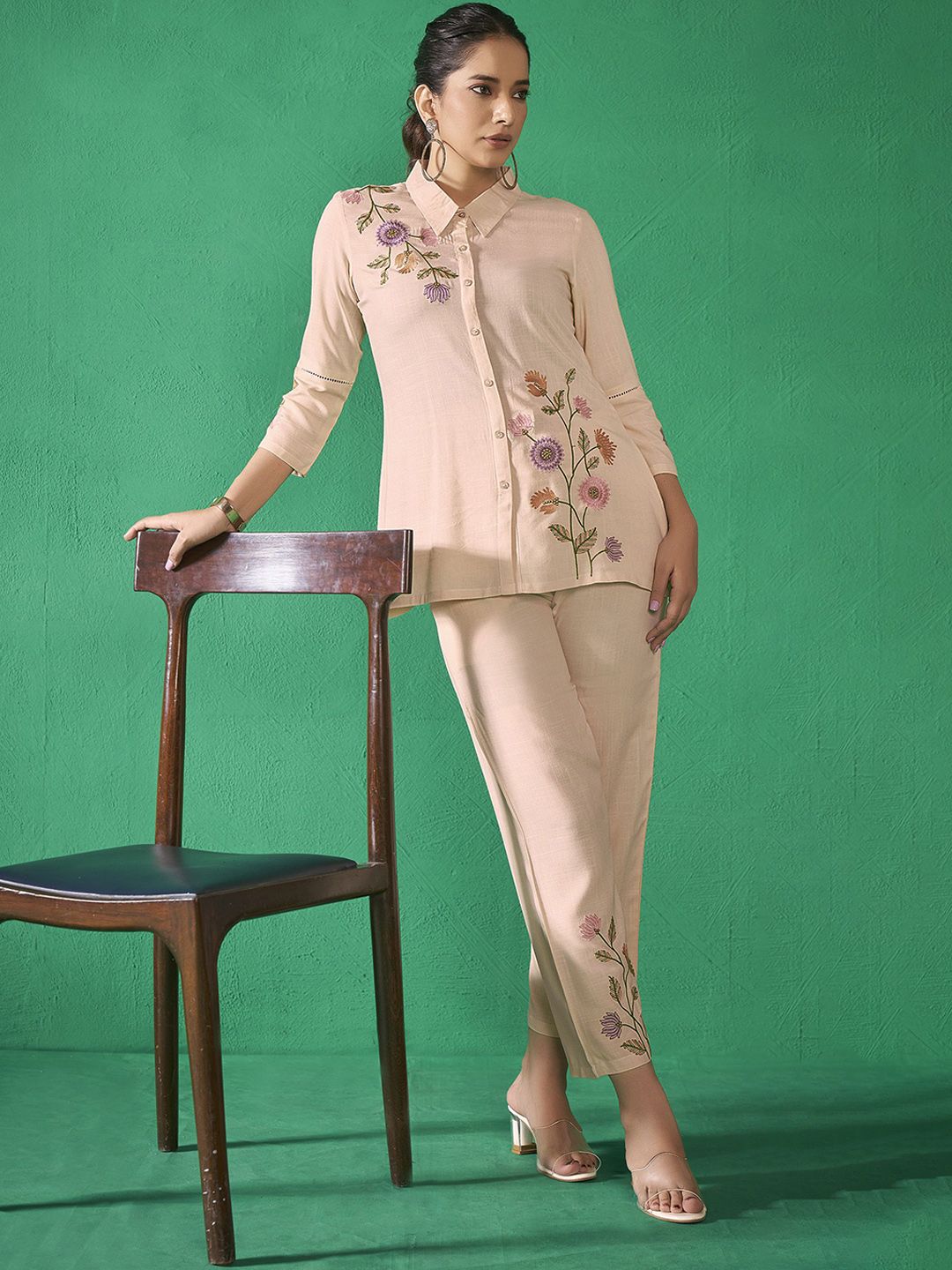 Anouk Beige Shirt Collar Embroidered Liva Shirt & Trouser