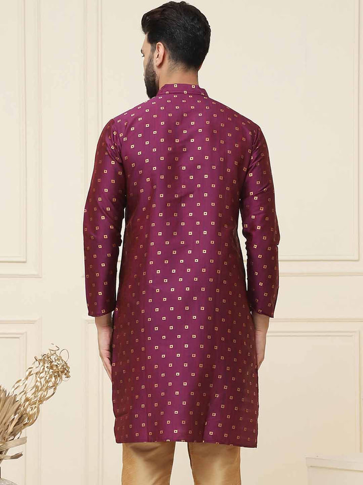 SOJANYA Geometric Woven Design Band Collar Long Sleeves Regular Silk Straight Kurta