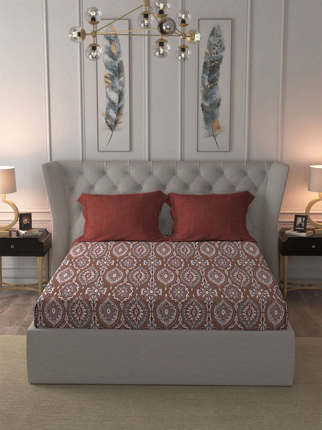 MYTRIDENT Ajrakh Red Comfort Living Flat 120TC Queen Cotton Bedsheet Set