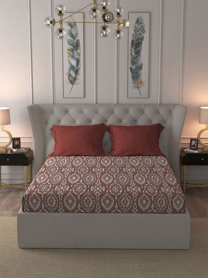 MYTRIDENT Ajrakh Red Comfort Living Flat 120TC Queen Cotton Bedsheet Set