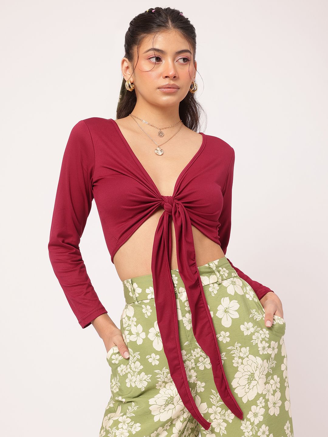 DressBerry Gypsy Spirit Plunge Neckline Tie-Up Crop Top