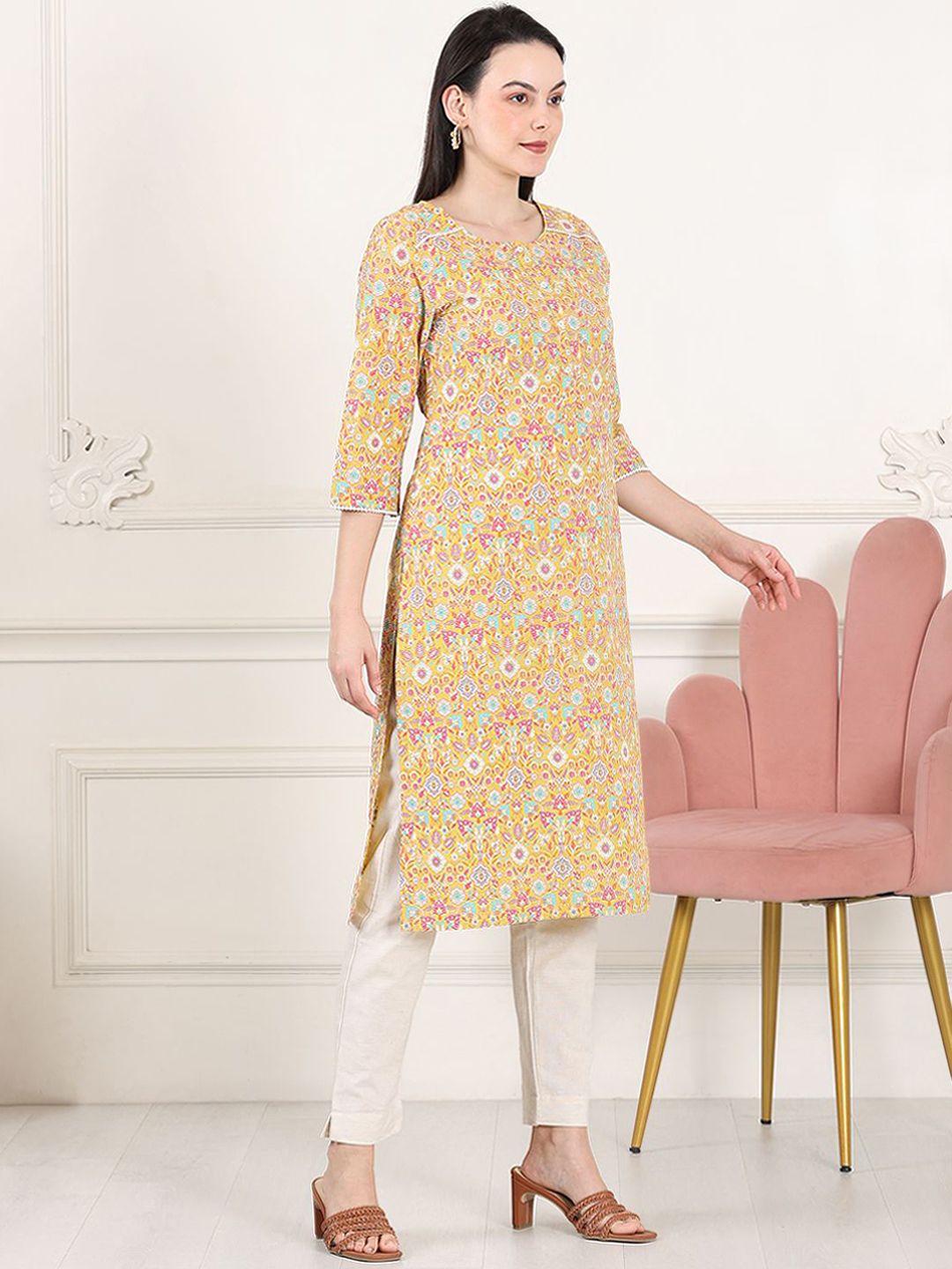 W Women Floral Printed Flared Sleeves Sequinned Kurta