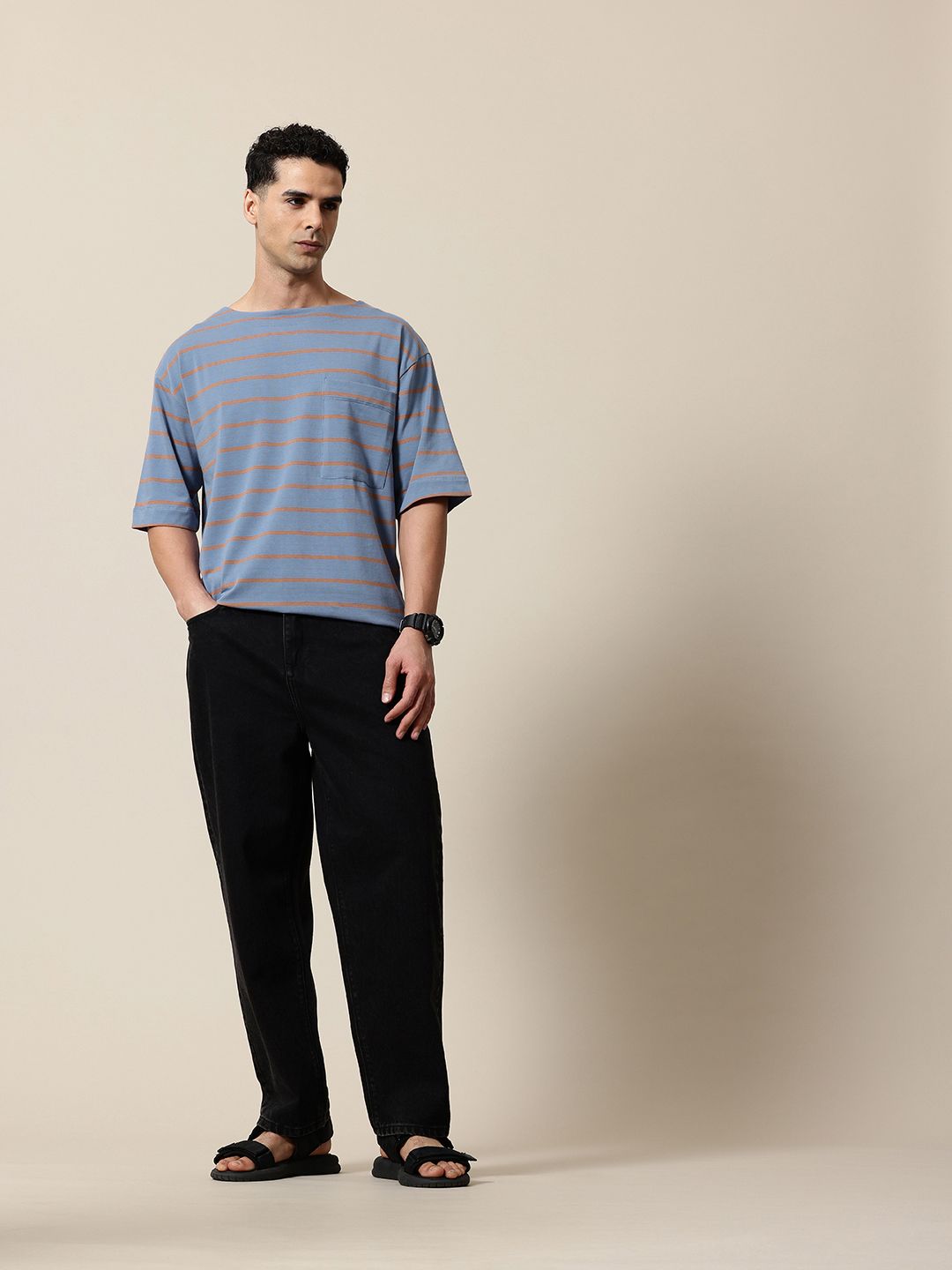 Mr Bowerbird Striped Drop-Shoulder Sleeves Oversized Pockets T-shirt