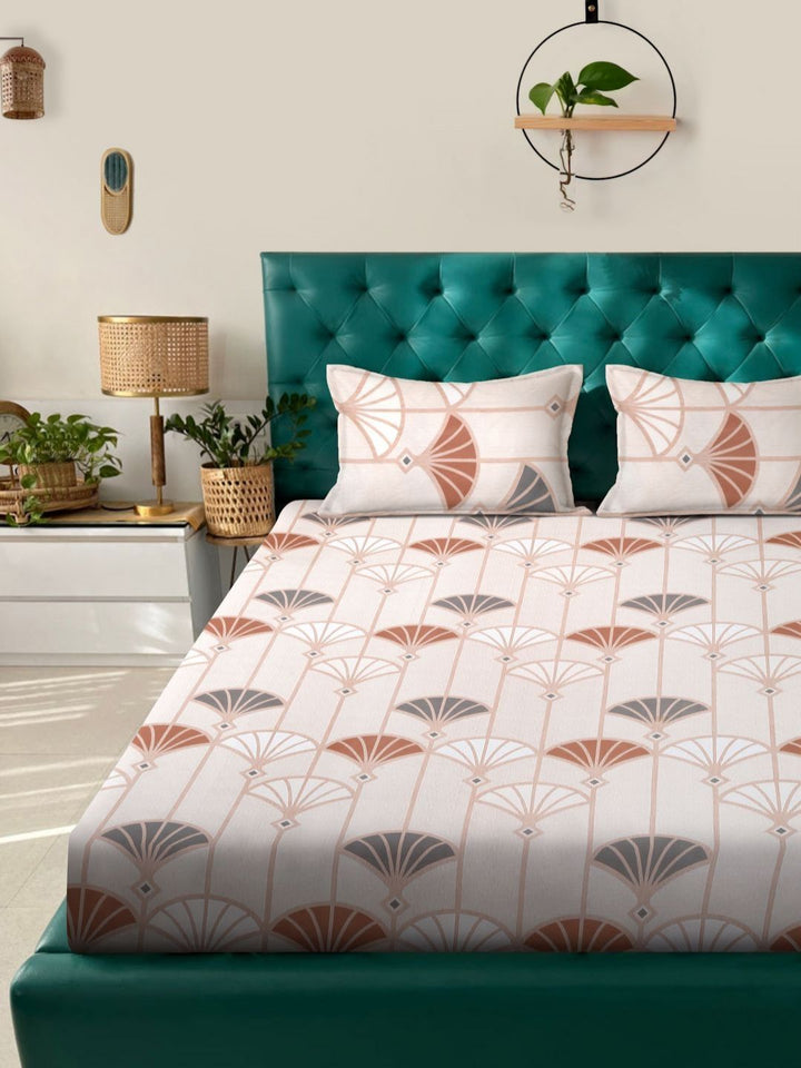 Myntra Elegant Homes Cream Floral Cotton 300 TC King Cadar Halus dengan 2 Sarung Bantal-98 x 89 inci