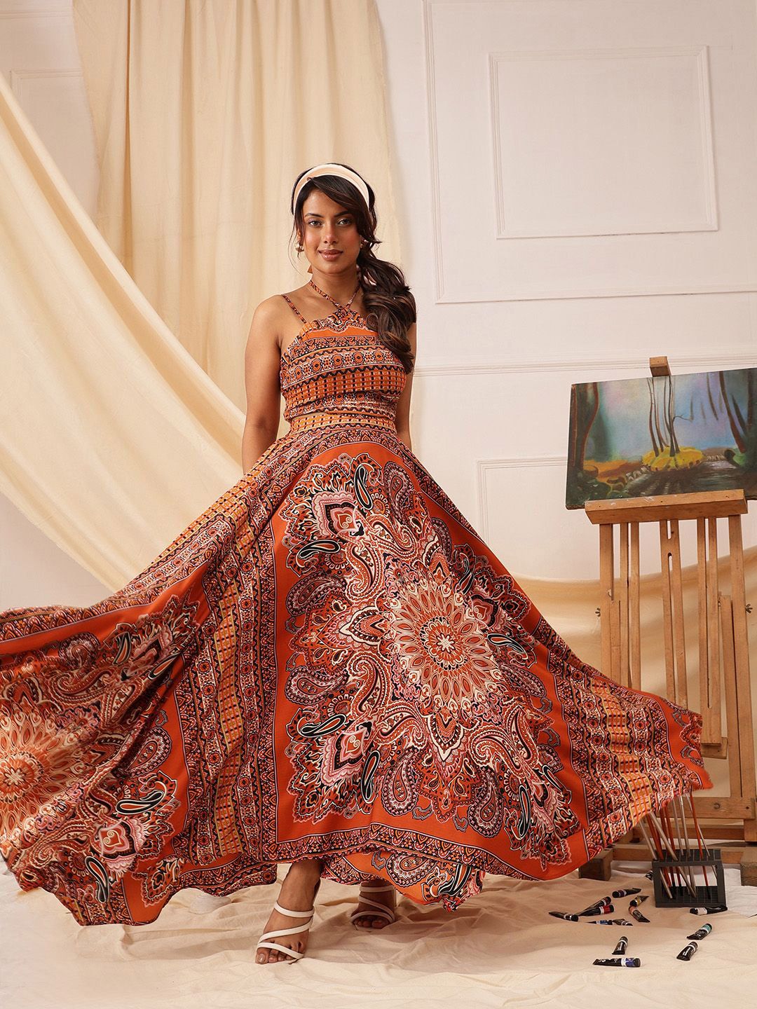 QUIERO Ethnic Motifs Printed Crepe Cut-Outs Fit & Flare Maxi Dress