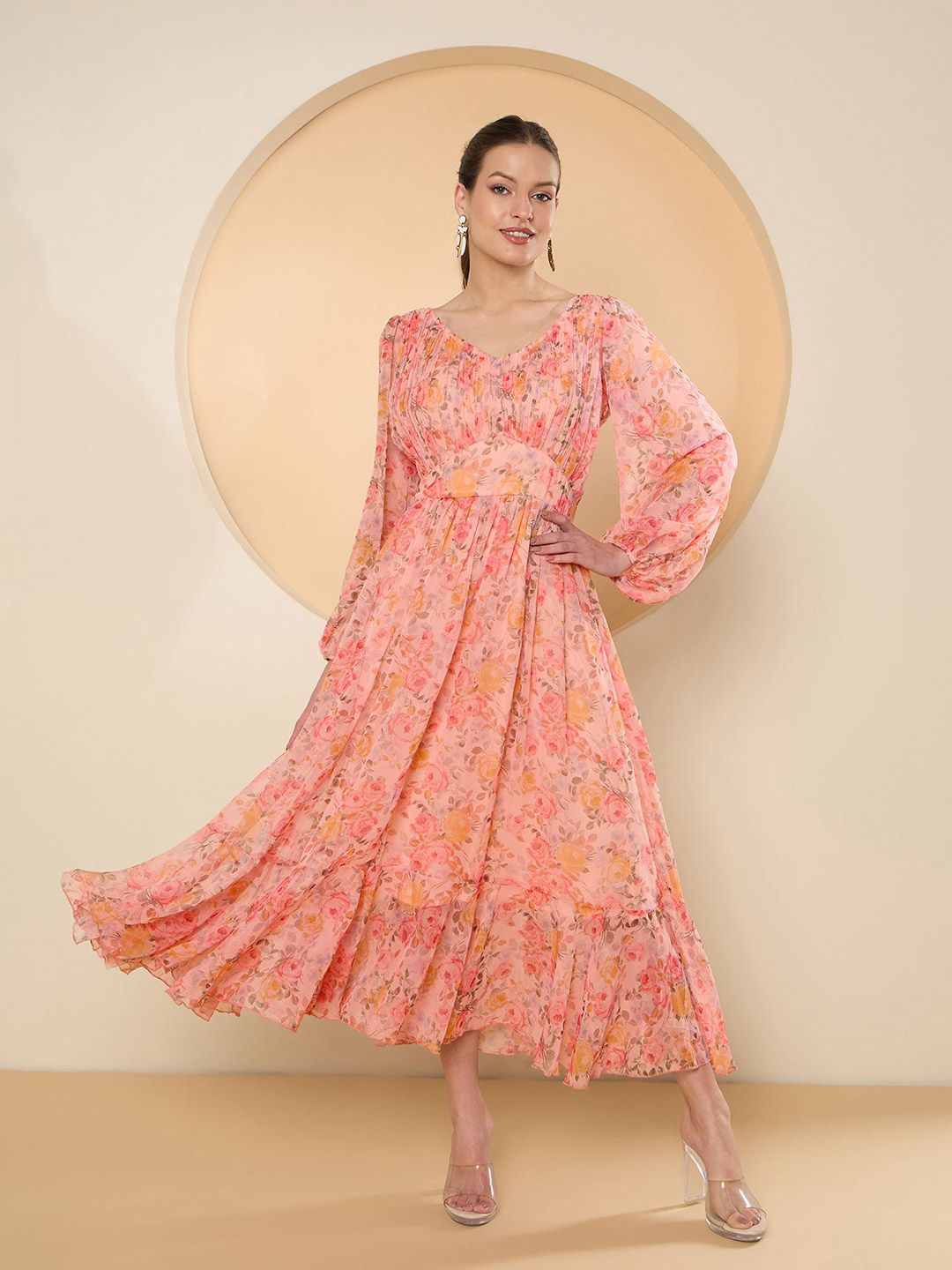 Antheaa Floral Print Bell Sleeve Chiffon Fit & Flare Midi Dress