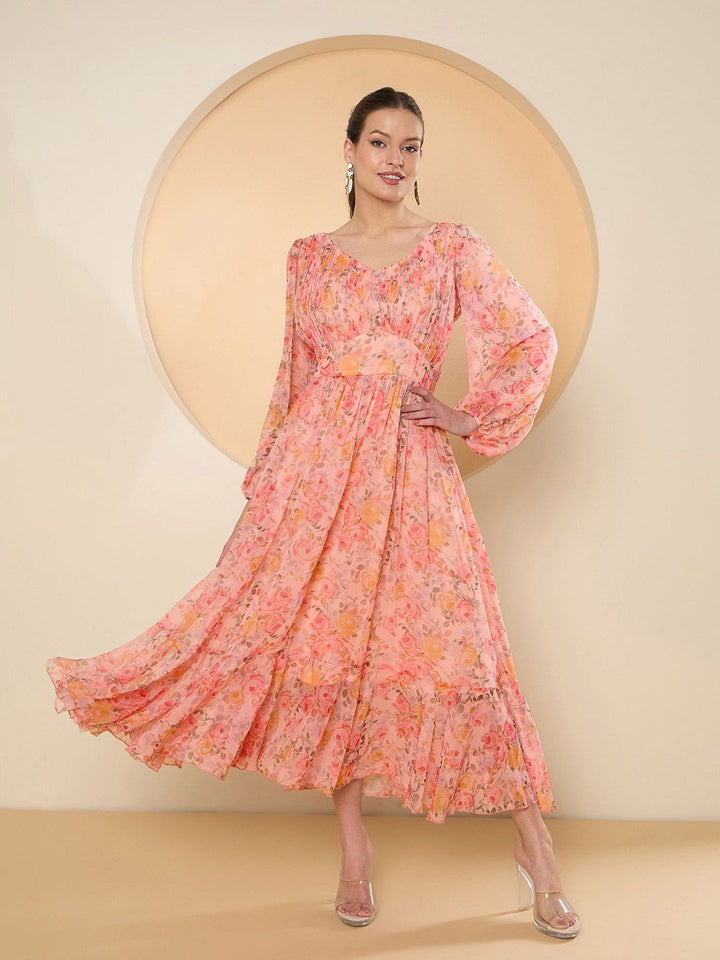 Antheaa Floral Print Bell Sleeve Chiffon Fit & Flare Midi Dress