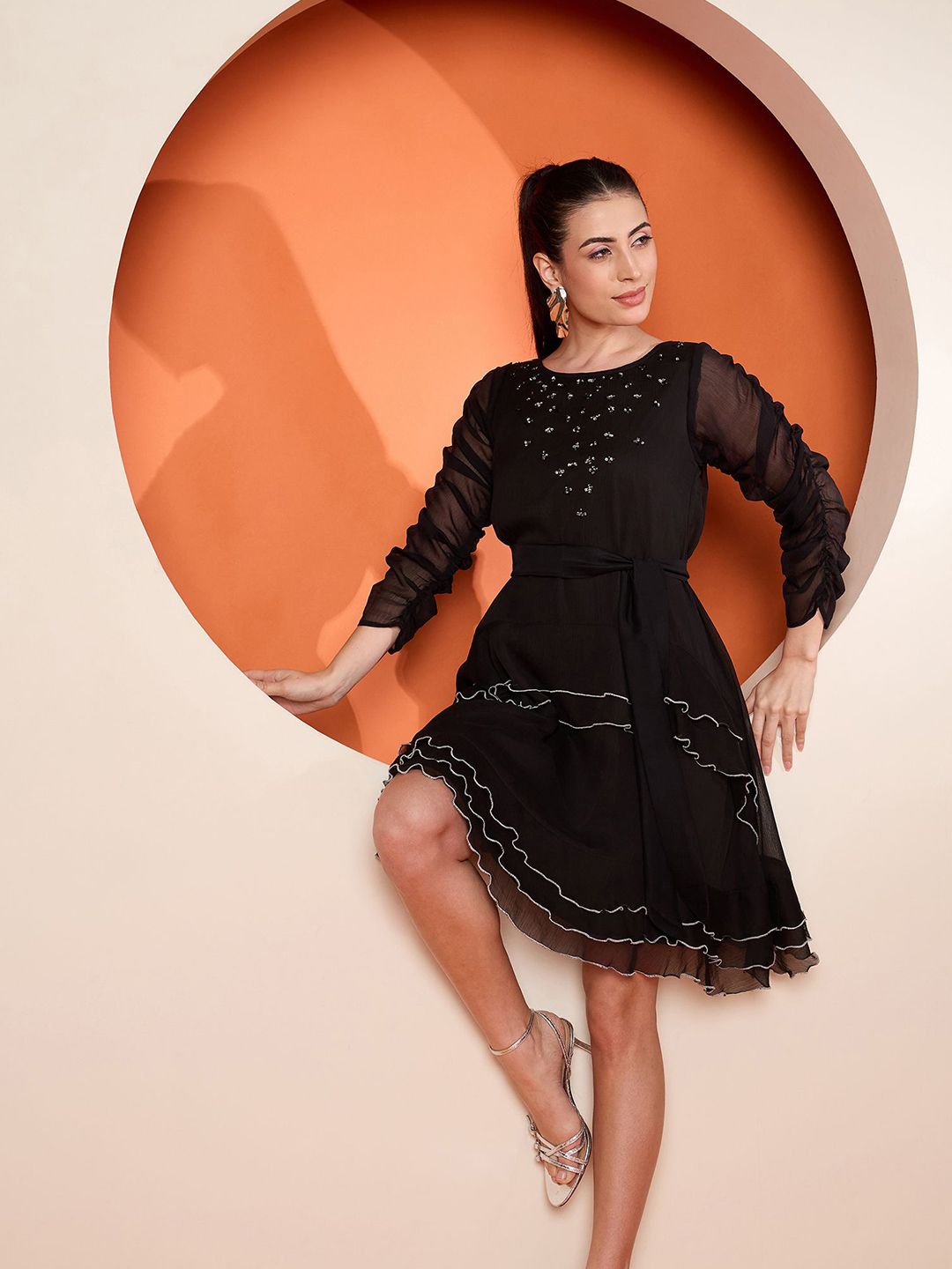 Antheaa Embellished Chiffon A-Line Dress