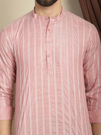 Anouk Striped Mandarin Collar Long Sleeves Thread Work Cotton Short Kurta