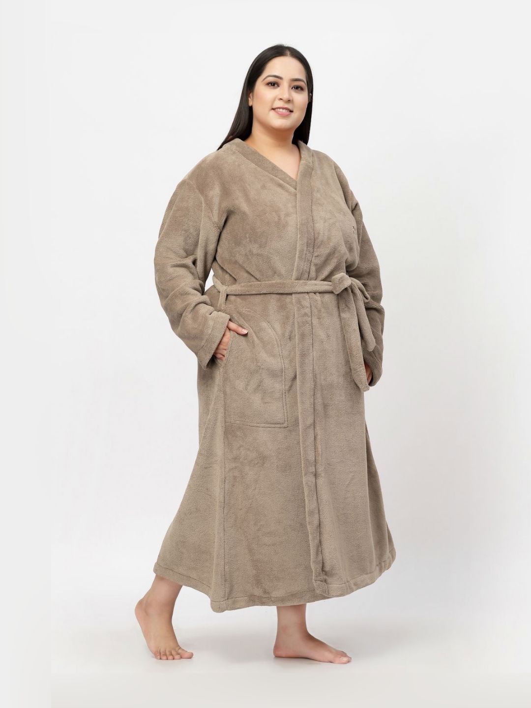 KLOTTHE Plus Size Shawl Neck Woolen Bath Robe With Belt