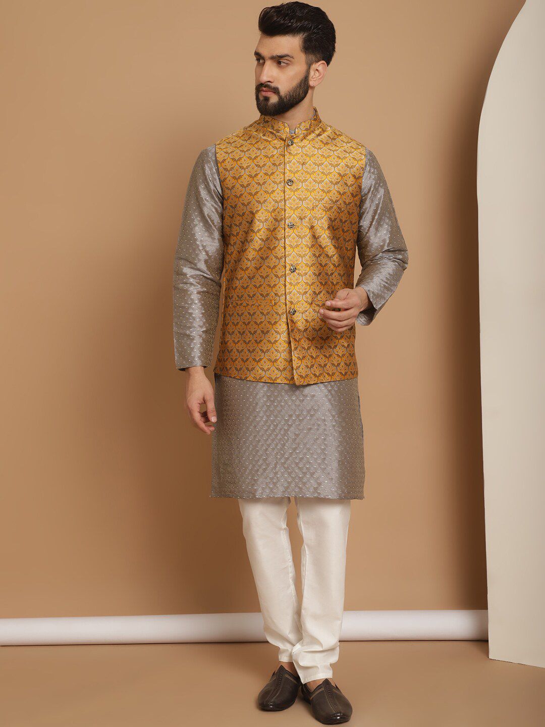 Anouk Embroidered Regular Thread Work Jacquard Silk Kurta With Churidar & Nehru Jacket